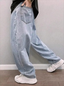 Jeans Rectos de Corte Regular para Hombre, Talla Grande, Color Azul Claro, Estilo Casual Urbano con Cintura Ajustable con Cordón - Product Image 2