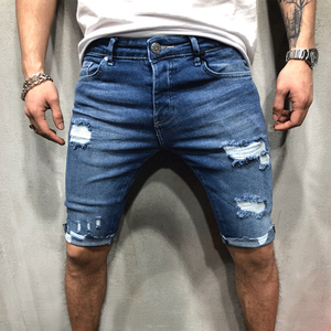 Shorts de Mezclilla Desgastados para Hombre, Cintura Media, Estilo Casual de Verano, Tela de Algodón Azul - Product Image 1