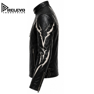 Custom High Quality <b>Men</b> Black & <b>White</b> Leather Biker <b>Jacket</b>, Gothic Flame Patterned Coat with Dual Waist Buckles and Stand Collar - Product Image 3