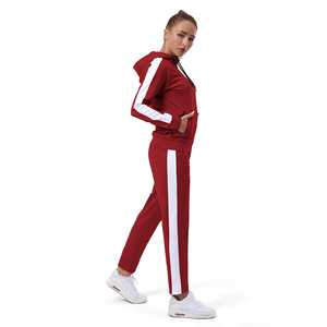 Ensemble de survêtement deux pièces pour femmes, rouge vin avec bande latérale blanche, veste zippée et pantalon, vêtements de sport décontractés - Product Image 3