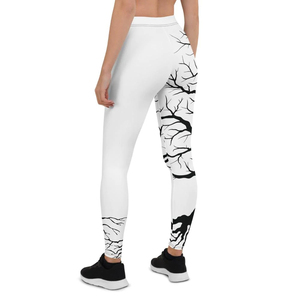 High Waist White <b>Leggings</b> With <b>Black</b> Tree Print Ankle-Length Breathable Spandex Polyester Women's Casual Spring Wear - Product Image 2
