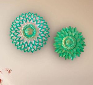 Handmade Metal <b>Wall</b> Decor Circular Bohemian Floral Art 2Pcs Hanging Home Accent Green Plant Pattern - Product Image 4