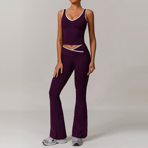 Custom Wholesale Reversible Washed Women's Yoga Set V-Neck Tank Top & <b>Flare</b> <b>Leggings</b> 2-Piece Breathable Gym Sports Outfit - Product Image 4
