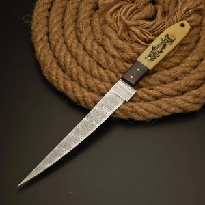 A&M EnterPrises Handmade Damascus Steel Fillet <b>Knife</b> with <b>Bone</b> <b>Handle</b> Fish Engraving and Matching Leather Sheath Hunting <b>Knives</b> - Product Image 2