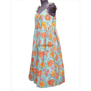 Robe longue décontractée pour femme en tissu de coton écologique imprimé au bloc, sans manches, à volants, pour la couture, idéale pour les fêtes, style simple - Product Image 3