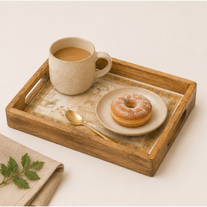 Ensemble de 2 plateaux de service en bois faits à la main, art traditionnel Pichwai Paon et gravure dorée, finition émail pour la décoration intérieure - Product Image 6