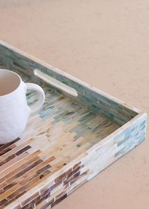 Bandeja decorativa de nácar con asas, rectangular, con incrustaciones de concha, para servir, para cocina, mesa de café, expositor de bebidas - Product Image 5