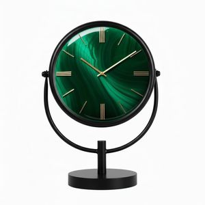 Horloge de bureau circulaire traditionnelle, cadran en marbre vert, aiguilles dorées, mouvement mécanique silencieux, support en métal noir, fonction de projection - Product Image 5