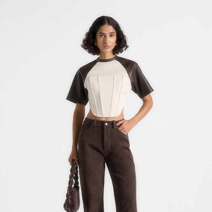 Women's PU Color Blocked Crop <b>Top</b> <b>Raglan</b> Sleeve Crew Neck Slim Fit Minimalist Style Short Sleeve Woven Fabric Breathable - Product Image 1