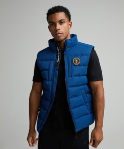 Chaleco acolchado azul para hombre, cuello alto, cremallera frontal, insignia, cortavientos, chaqueta casual de invierno, acolchado de poliéster, corte regular grueso - Product Image 1