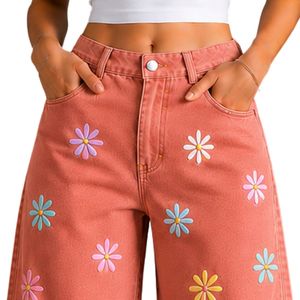 Manufacturer Coral Embroidered <b>Floral</b> Wide Leg Women <b>Jeans</b> High Waist Loose Fit Baggy Denim Pants Casual Streetwear Custom OEM - Product Image 3