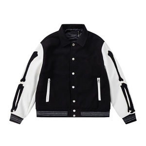 Chaqueta Varsity Marrón para Hombre con Apliques de Esqueleto, Mangas de Cuero PU, Estilo Urbano de Invierno, Cuello Mandarín, Logotipo Frontal, Forro de Algodón - Product Image 5