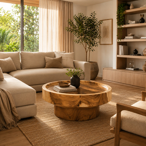 Table basse moderne Odessa en bois de Suar massif, plateau épais, artisanat de qualité supérieure, finition naturelle, luxe, style resort - Product Image 4