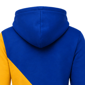 Sudadera con capucha para mujer, personalizada, azul real y dorado, con 2 paneles cruzados, cremallera completa, bloques de color, manga larga, estilo casual para hermandades - Product Image 4