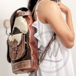 LW Summer Vintage Style Rock Bohemian Fashion Genuine Leather Shoulder <b>Backpack</b> Geometric Pattern Handmade Dress Brands - Product Image 2