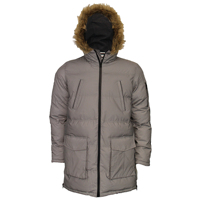 Veste longue matelassée pour homme avec capuche et bordure en fourrure, color block noir et gris, coupe-vent, manteau d'hiver décontracté en polyester rembourré