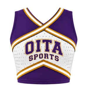 Ensemble d'uniforme de cheerleading violet, blanc et or, avec crop top et jupe plissée, sans manches, col en V, pour performance et entraînement d'équipe athlétique - Product Image 3