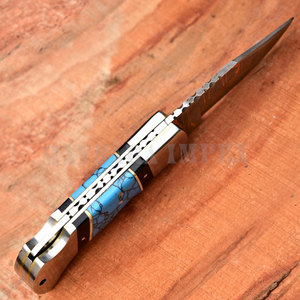 Navaja Plegable de Acero de Damasco con Patrón de Ondas de Cobre Hecha a Mano, Hoja Grabada, Mango de Madera, EDC, Caza, Camping, Supervivencia - Product Image 3