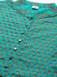 Kurta Anarkali en coton vert à motifs floraux, grande taille, col mandarin, manches trois quarts, confortable pour le quotidien, vente en gros - Product Image 2