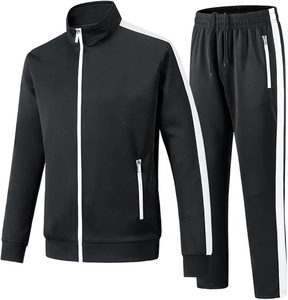 Conjunto Deportivo de Manga Larga para Hombre, Color Negro Sólido, Cuello Alto, Cierre de Cremallera, Bolsillos Laterales, Corte Regular, Estilo Deportivo, Ropa de Otoño - Product Image 1