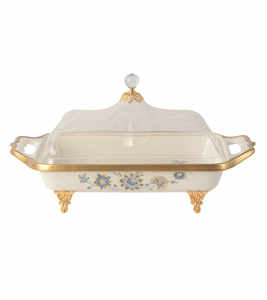 Plato de Postres con Tapa Transparente en Forma de Cúpula y Base Dorada, Material de Porcelana Fina, Aspecto Moderno y Lujoso - Product Image 1