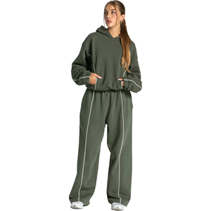 Ensemble de survêtement pour femme en molleton 100 % coton, couleur unie, style streetwear, écoresponsable, avec sweat à capuche oversize et pantalon de survêtement à jambes larges, personnalisable avec logo - Product Image 1