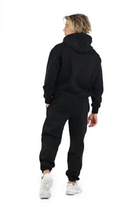 <b>Boys</b> Black Hooded Tracksuit Full Length Solid Color Cotton Casual Regular Fit With Side Pockets Elastic Waist Autumn Wear - Product Image 2