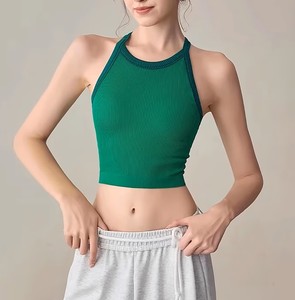 Women'S Color Block Sports Bra Yoga Tank - <b>Red</b> Grey Contrast Camisole, Enhances Chest Contour, Wireless Ribbed Slim Fit Tank <b>top</b> - Product Image 3