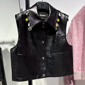 Chaleco de Cuero Genuino de Piel de Oveja 2026 para Mujer, Chaleco de Motocicleta de Cuero Brillante con Cristales, Chaleco de Cuero de Lujo - Product Image 4