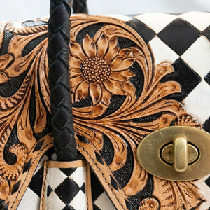 2026 New Arrival High Women's 100% Genuine <b>Leather</b> Tote Bag Floral <b>Tooled</b> Pattern Vintage Style Checkered Design All Seasons Use - Product Image 3
