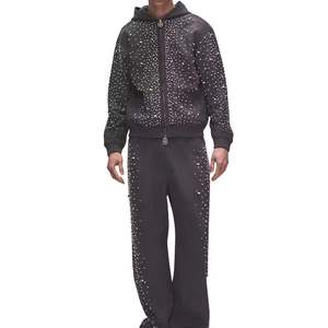 Ensemble sweat à capuche zippé en polaire surdimensionné pour homme avec strass, style décontracté automne, imprimé à pois, style anglais - Product Image 3