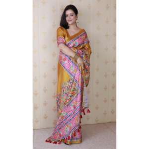 Sari en soie Tussar dorée Elite Weaves à imprimé floral avec bordure tissée Zari 500g pour robes de cocktail - Product Image 4