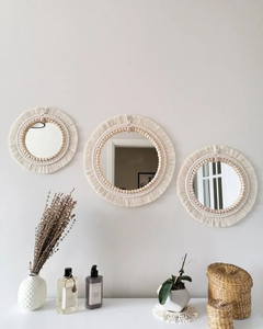 Miroir mural rond en macramé bohème de 16 pouces, fait à la main en corde de coton, décoration murale suspendue pour chambre à coucher, salon, décoration de la maison - Product Image 1