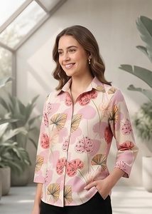 Chemise boutonnée pour femme en viscose pure à imprimé numérique tropical avec manches 3/4 - Product Image 3
