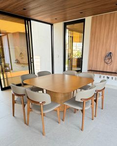 Ensemble de table à manger contemporaine en teck avec fauteuils rembourrés, mobilier de luxe pour villa, restaurant, salle de réunion - Product Image 2