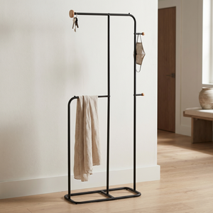 Minimalist Standing Coat Rack With <b>Towel</b> Bar And <b>Hooks</b> For Entryway Storage Metal Clothing Organizer Steel Finish - Product Image 1