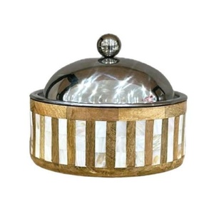 Wood & Metal <b>Serving</b> <b>Dish</b> <b>Set</b> Of 3 Mother-of-Pearl Hand Inlay Design With Chrome Lid For Elegant Dining And Home Decoration - Product Image 2