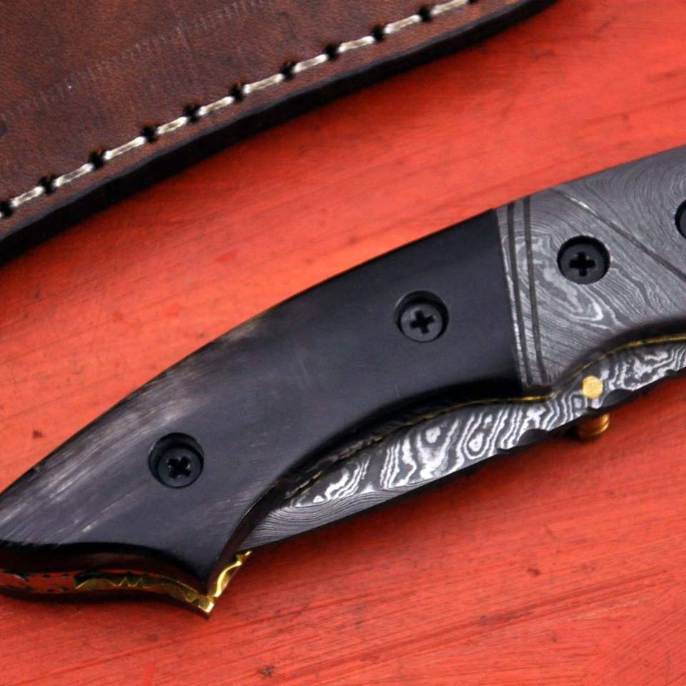 Damascus Steel Folding Knife Drop Point Blade Black Handle Thumb Knob ...