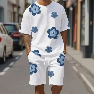 Mens 2 Piece <b>Set</b> T-Shirt & Shorts Graphic Flower Print Black White Summer - Product Image 3