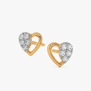 Boucles d'oreilles clous de luxe en or jaune 14K, serties de diamants de laboratoire taille brillant rond, motif demi-cœur en grappe - Product Image 2