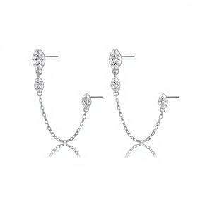 Boucles d'oreilles chaîne à double perçage avec diamant de laboratoire taille marquise scintillant en or blanc 10K 14K - Product Image 1