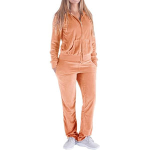 Ensemble de survêtement pour femme en coton et polyester, pantalon à revers élastiques, veste zippée intégrale, poches latérales, ensemble de sport - Product Image 1