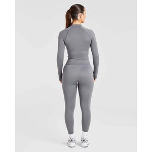 <b>Women</b> 2pcs Ribbed Full Zip Yoga <b>Set</b> Outdoor Fitness Hip-lifting Leggings Seamless Sports Activewear Jumpsuit for <b>Women</b> - Product Image 5