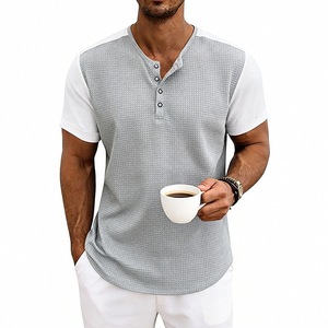 Bangladesh CN Factory Price Men's Plus Size Waffle Henley <b>T</b> <b>Shirt</b> Short Sleeve Contrast Breathable Knitted Summer Tee Casual - Product Image 4