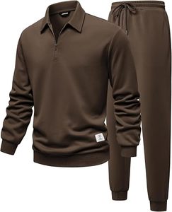Men's Brown Half-<b>Zip</b> <b>Hooded</b> Tracksuit Set Full Sleeve Solid Color Casual Wear Drawstring Pants Regular Fit Lightweight - Product Image 1
