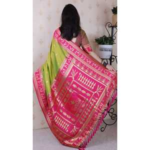 Traditional <b>Warli</b> Art Saree Mehendi Green Soft Silk Zari Woven Indian & Pakistani Clothing - Product Image 4
