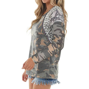 Women's Camouflage <b>Patchwork</b> V-Neck Long Sleeve T-Shirt Loose Fit Casual <b>Top</b> Spring Summer Wear - Product Image 5