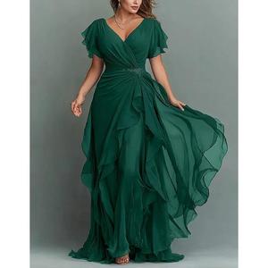 Amorzinho – robe de soirée élégante en mousseline de soie bleu marine, taille basse, col en v, coupe trapèze, longueur au sol, de haute qualité, séchage rapide - Product Image 5