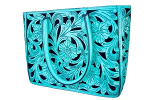 Sac à main en cuir turquoise de haute qualité pour femmes sac fourre-tout floral vintage avec tenue de fête de couleur personnalisée au meilleur prix - Product Image 2