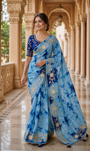 CHOHAN TEXTILE Sari en soie chiffon bleu tie-dye shibori avec broderie dorée, style vintage, longueur ras du sol, pour femme, tenue de soirée, tradition indienne - Product Image 2